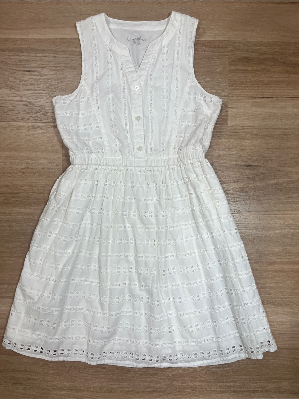 Cherokee White Eyelet Sleeveless Dress Button Front Elastic Waist, size M 7/8